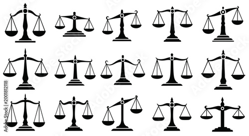 Set of Balance Scales Icons, Justice and Law Symbol Collection
