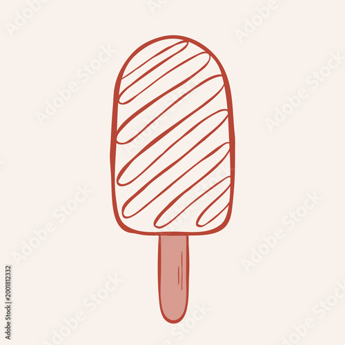 Ice lolly Popsicle with white chocolate and caramel frosting. Hand-drawn line illustration isolated on a creamy background. Ice cream vector clip art for menu, packaging design, poster, or sticker.