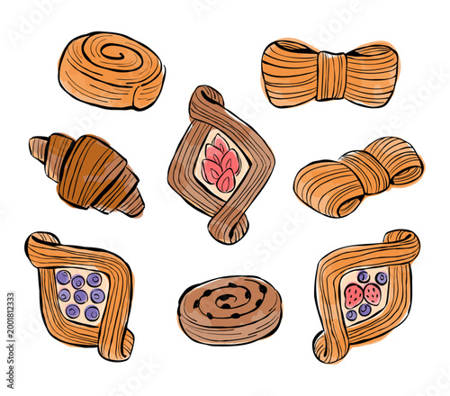 Collection of vector hand-drawn puff pastry isolated on white background. Sketch illustration with variety of desserts. Clip art elements with watercolor for menu, recipe, bakery logo, or poster.