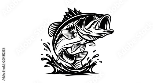 Jumping Bass Fish Black and White Illustration