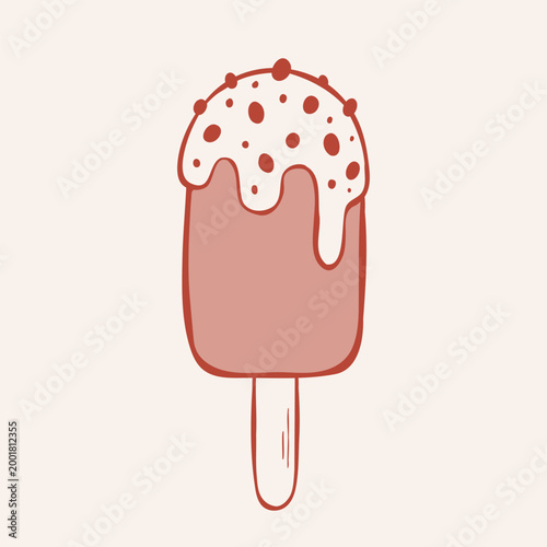 Ice lolly with white chocolate topping. Hand-drawn line illustration isolated on a creamy background. Ice cream vector clip art for sweet menu, packaging design, poster, or sticker.