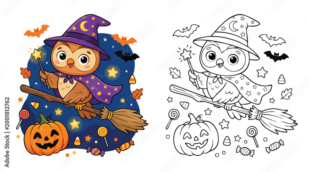 Obraz premium Halloween Owl Witch Flying on Broom with Pumpkin and Candies Coloring Page