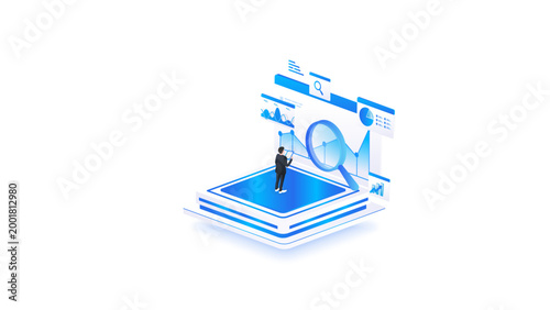 Isometric stock market data analysis with magnifying glass, business financial analytics dashboard, and stock market research concept in blue digital style