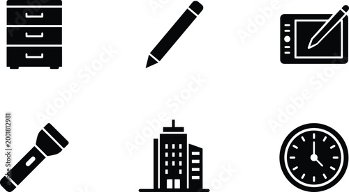 Office icons set including filing cabinet pencil tablet and clock black silhouettes high-quality professional detailed