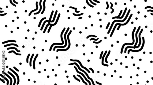 Abstract seamless pattern creating a dynamic maze with dashed lines and scattered dots. Abstract black and white geometric dashed pattern