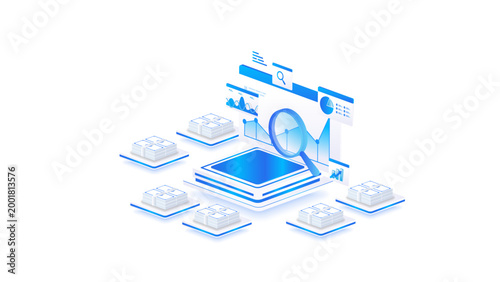 Isometric stock market data analysis with magnifying glass, business financial analytics dashboard, and stock market research concept in blue digital style