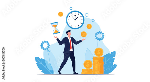 Businessman balances his time and wealth by juggling gold coins near a large clock, an hourglass, and rising stacks of money in a park.