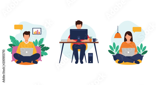 Set of three illustrations showing individuals working on laptops in various comfortable home settings like sitting on floor or at a desk.