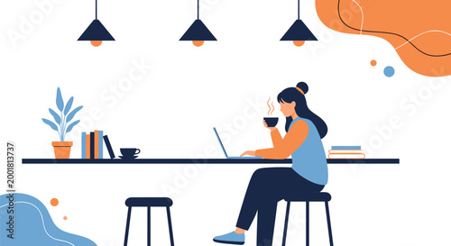 Woman sits at a long table in a modern cafe, drinking coffee and working on her laptop under warm hanging lamps near a potted plant.