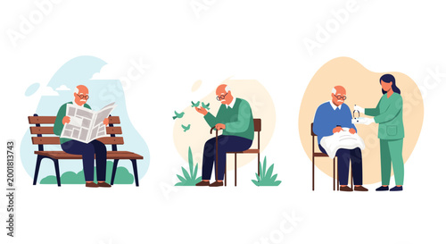 Series of scenes showing an elderly man reading a newspaper on a bench, feeding birds in a park, and receiving medical care from a nurse.