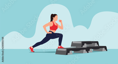 Athletic woman performs lunges using exercise steps in a brightly lit gym, focusing on her fitness, strength, and healthy active lifestyle.