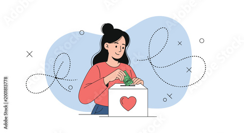 Young woman makes a charitable donation by placing a paper bill into a white box featuring a large red heart symbol on a blue background.
