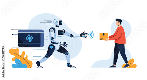 Advanced white delivery robot uses wireless signals to coordinate with a man as it hands over a small cardboard package in a city.