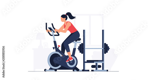 Healthy woman exercises on a stationary bike in a home gym setting to maintain fitness and a wellness-oriented lifestyle.