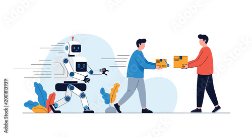 Modern delivery robot carrying cardboard packages speeds towards two young men waiting for their online orders on a street.