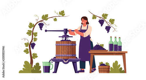 Smiling female winemaker operates a traditional wooden wine press to extract juice from ripe purple grapes in a vineyard.