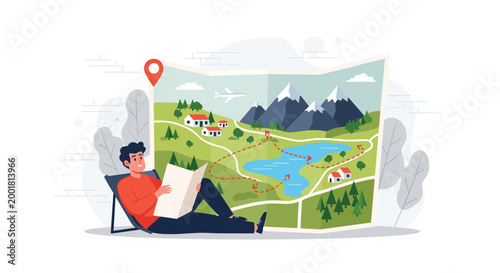 Curious traveler relaxes in a lounge chair while studying a giant illustrated map with marked routes and scenic landscapes.