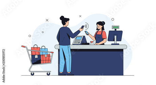 Woman makes a contactless payment using her smartphone at a grocery store checkout counter with shopping bags in a cart.