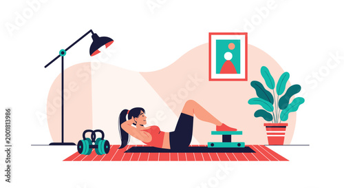 Fit young woman performs core strengthening crunches on a yoga mat in her bright living room during a home fitness workout.