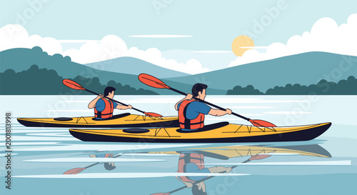 Couple enjoys a peaceful kayaking trip on a calm lake surrounded by beautiful mountains and a clear blue sky with clouds.