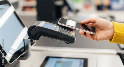 Hand holding smartphone near contactless payment terminal at checkout counter in a retail store with modern technology and digital interface