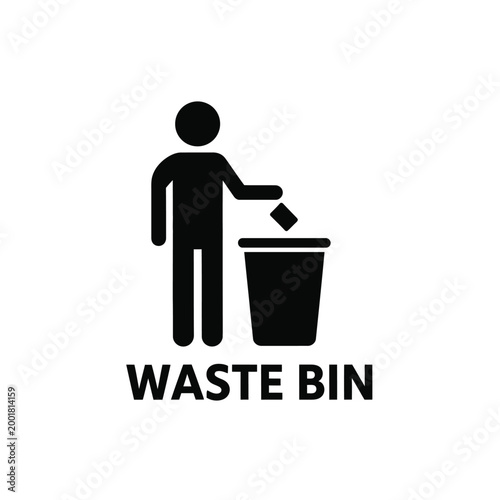 waste bin icon with person disposing trash black silhouette on white background high quality professional detailed modern elegant stylish clean