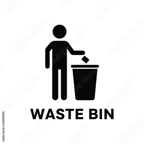 waste bin icon with person throwing trash black silhouette on white background high quality professional detailed modern elegant stylish clean