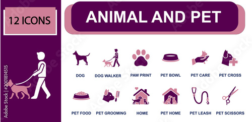 Animal and pet care services icon set. Containing dog, dog walker, paw print, pet bowl, pet grooming, pet home, pet leash, pet food, pet scissors and more. Solid fill vector icons.