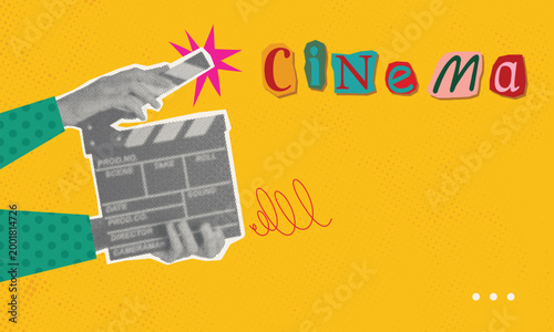 Hand is holding clapper board with copy space banner