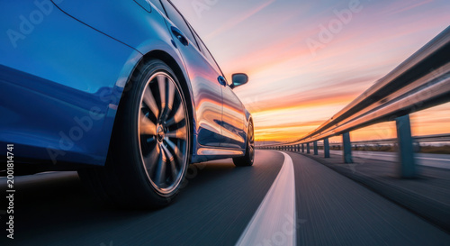 Blue sedan car in motion on a highway during sunset, blurred background showcasing dynamic speed and vibrant sky colors