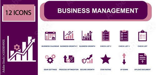 Business management icon set. Containing business calendar, business growth, checklist, gear settings, process optimization, secure growth, upload document and more. Solid fill vector icons.