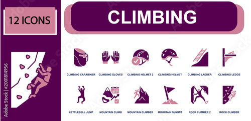 Climbing icon set. Containing chalk bag, climbing gloves, climbing helmet, ladder route, cliff, mountain climber, summit flag, rock climber, wall climb and more. Solid fill vector icons.