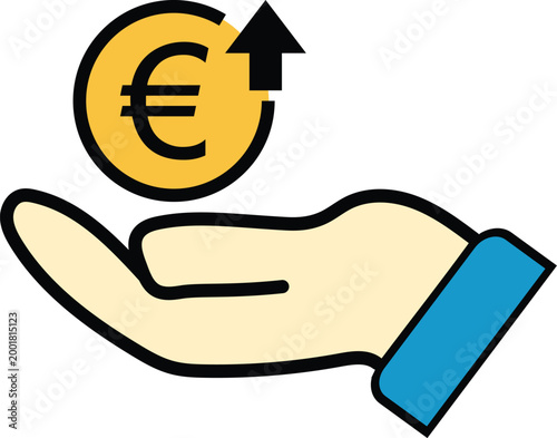 Hand Holding Euro Coin With Upward Arrow Business Finance Growth Investment Concept Icon