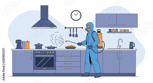 Professional pest control worker in protective suit and respirator mask spraying insecticide in domestic kitchen.