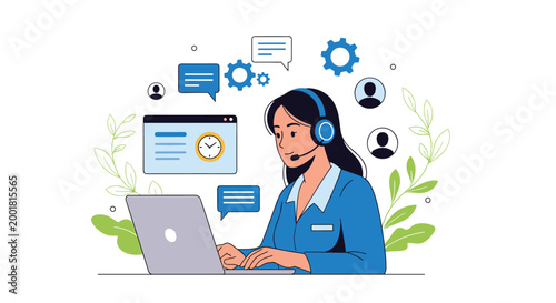 Female call center operator wearing headset working on laptop with customer service and communication icons floating around.