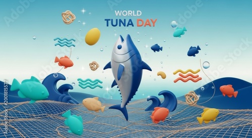 3D illustration celebrating World Tuna Day with playful fish and ocean elements