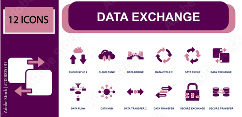 Data exchange icon set. Containing cloud sync, data bridge, data cycle, data flow, data hub, data transfer, secure exchange, secure transfer, sync arrows and more. Solid fill vector icons.