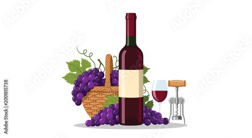 Elegant composition with bottle of red wine basket of purple grapes glass and metal corkscrew on white background.
