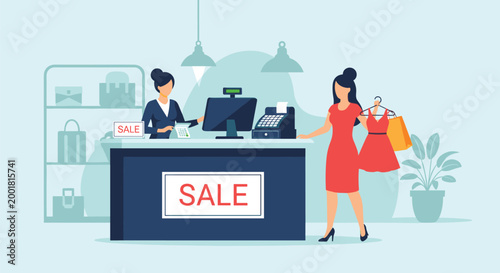 Stylish woman buying red dress and shopping bags at clothing store checkout counter with big sale sign displayed.