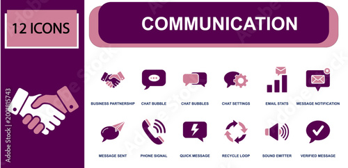 Communication icon set. Containing chat bubble, chat bubbles, chat settings, email stats, alerts, phone signal, quick message, handshake, verified message and more. Solid fill vector icons.