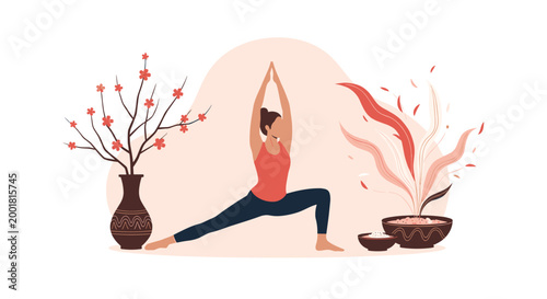 Graceful woman practicing warrior yoga pose in peaceful domestic setting with decorative plants and floral arrangements.