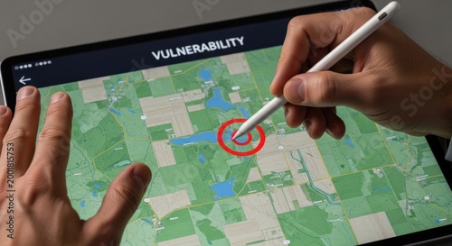 Hand using digital stylus to mark vulnerability on tablet map, for strategic risk assessment, security analysis, process identifying critical weak points in system