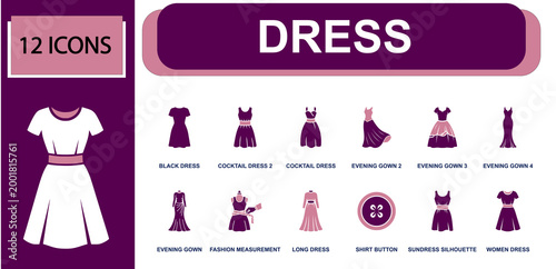 Dress icon set containing black dress, cocktail dress, evening gown, long dress, sundress silhouette, women dress, fashion measurement, shirt button and more in solid fill vector icons.