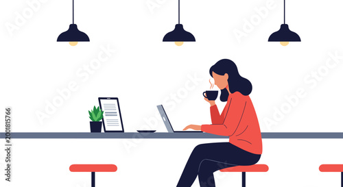 Focused woman working on laptop computer while drinking cup of hot coffee in modern minimalist coffee shop cafe interior.