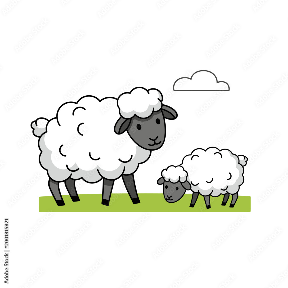 Fototapeta premium Sweet Woolly Sheep Mother and Lamb Grazing on Farm Vector