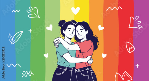 Two young women share a warm and affectionate hug in front of a vibrant rainbow background with hearts and decorative doodles for pride month.