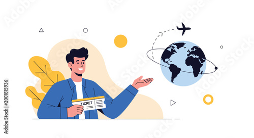 Happy traveler holds a travel ticket while gesturing towards a globe with a plane flying around it representing international tourism and trips.