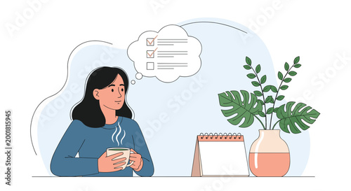 Thoughtful woman sits at a table with a cup of tea while thinking about a checklist in a thought bubble next to a calendar and houseplant.