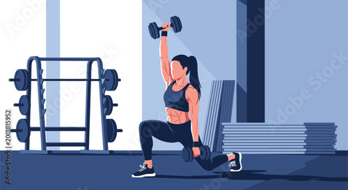 Athletic woman performs overhead dumbbell lunges in a modern gym environment with weight racks and exercise equipment in the background.