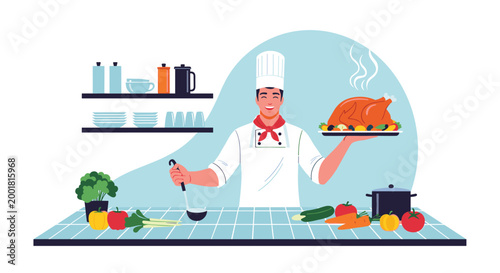 Cheerful professional chef in a kitchen presents a perfectly roasted turkey on a platter with fresh vegetables and cooking equipment nearby.